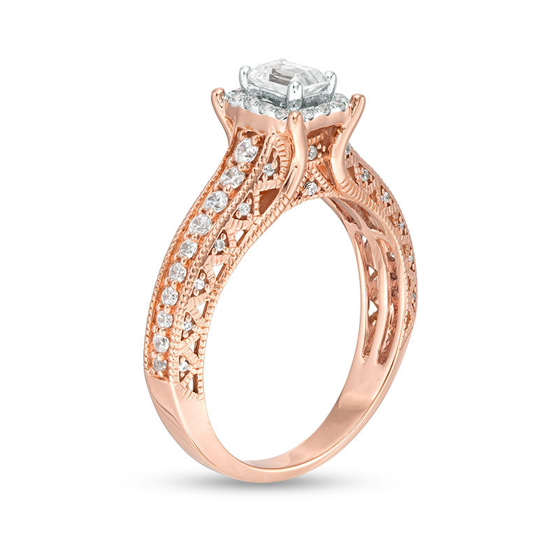 0.75 CT. T.W. Certified Canadian Emerald-Cut Diamond Frame Vintage-Style Engagement Ring in 14K Rose Gold (I/SI2)
