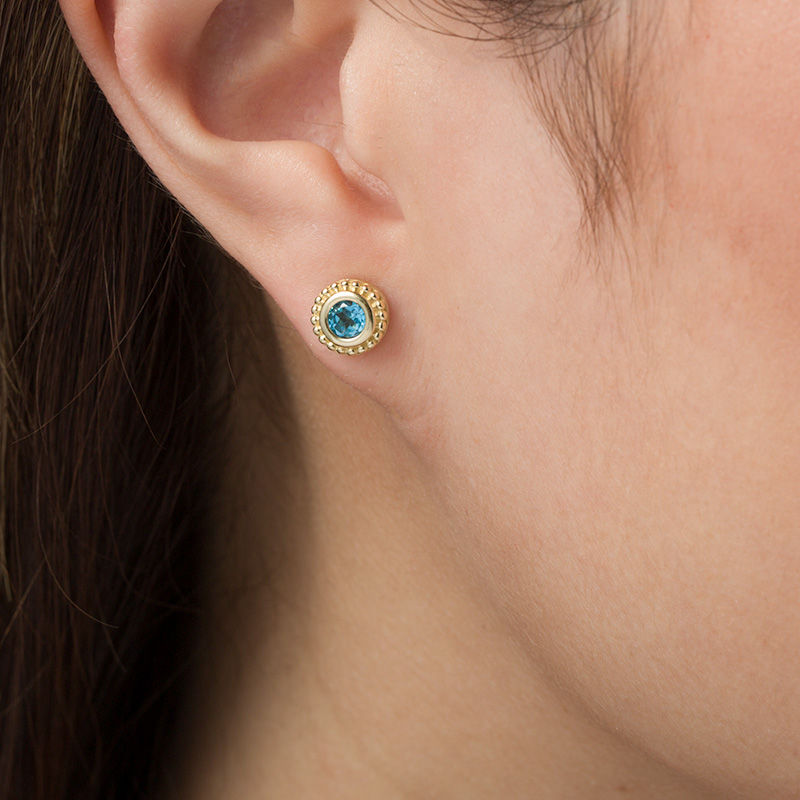 Main Image 2 of 4.0mm Blue Topaz Bead Frame Stud Earrings in 10K Gold