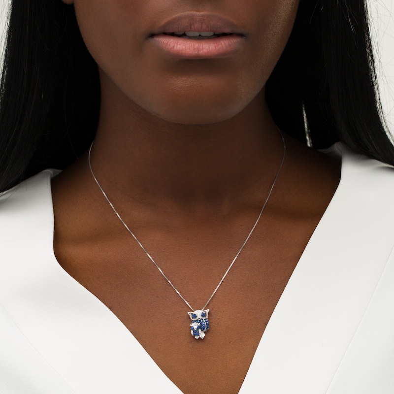 Main Image 2 of Lab-Created Blue and White Sapphire Beaded Motherly Love Owl Pendant in Sterling Silver