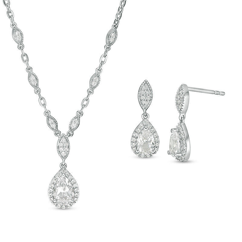 Pear-Shaped Lab-Created White Sapphire Vintage-Style Necklace and Drop Earrings Set in Sterling Silver