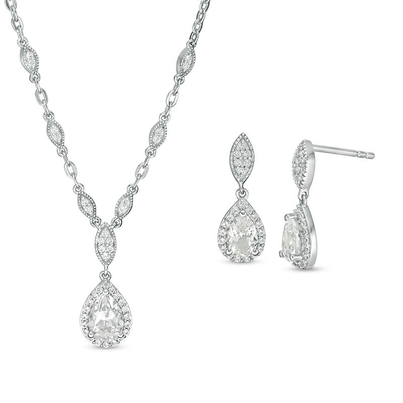 Main Image 1 of Pear-Shaped Lab-Created White Sapphire Vintage-Style Necklace and Drop Earrings Set in Sterling Silver