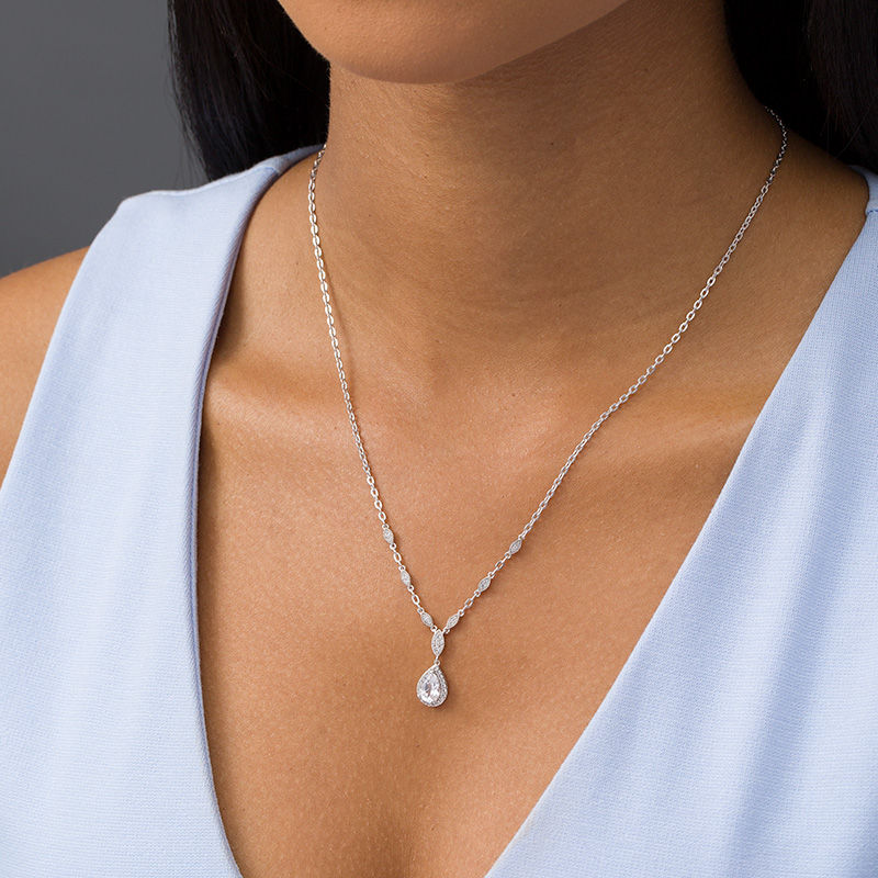Main Image 2 of Pear-Shaped Lab-Created White Sapphire Vintage-Style Necklace and Drop Earrings Set in Sterling Silver