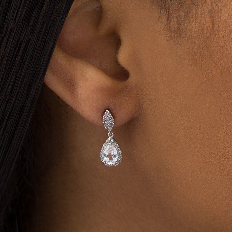 Main Image 3 of Pear-Shaped Lab-Created White Sapphire Vintage-Style Necklace and Drop Earrings Set in Sterling Silver
