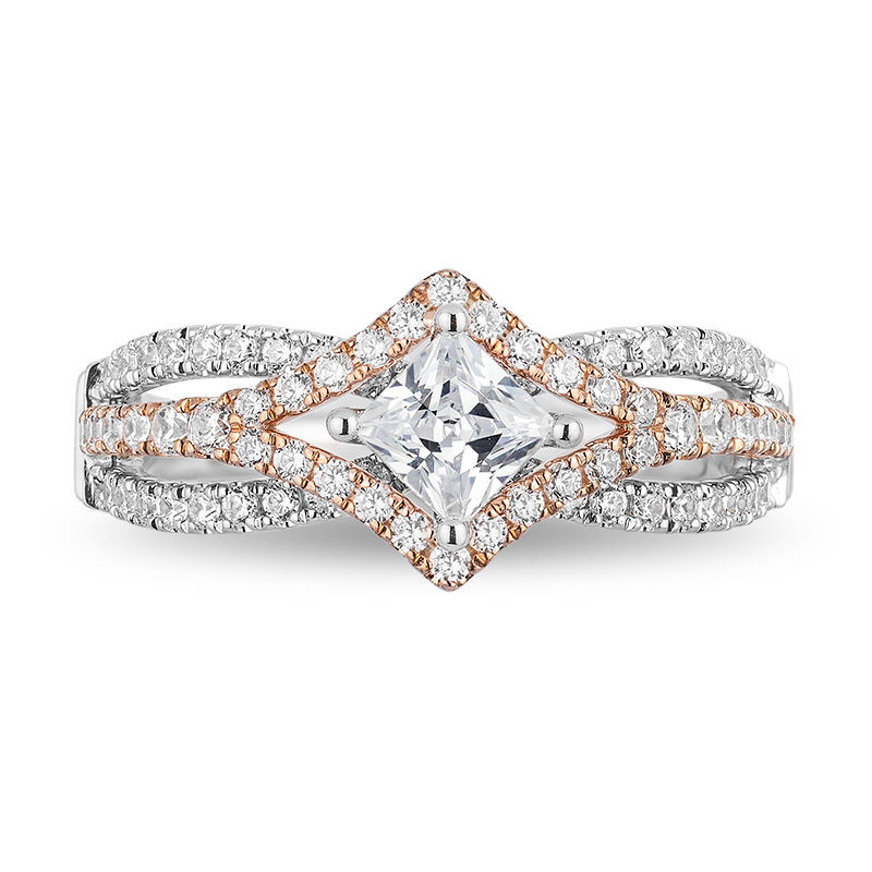 Enchanted Disney Aurora 1.00 CT. T.W. Princess-Cut Diamond Tilted Bypass Frame Engagement Ring in 14K Two-Tone Gold