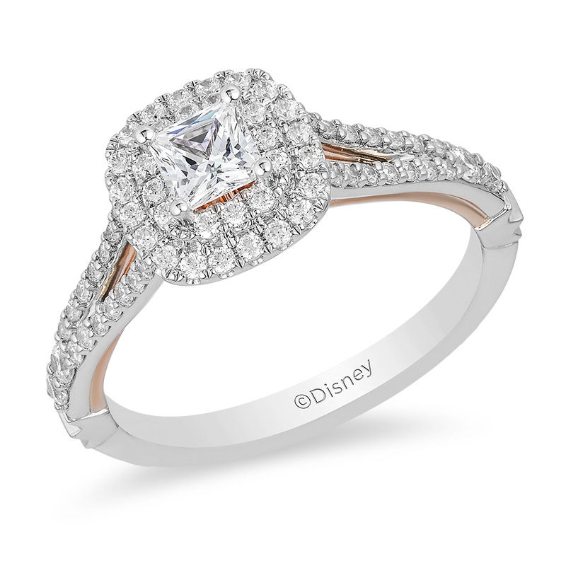 Enchanted Disney Belle 0.75 CT. T.W. Princess-Cut Diamond Double Frame Rose Engagement Ring in 14K Two-Tone Gold|Peoples Jewellers