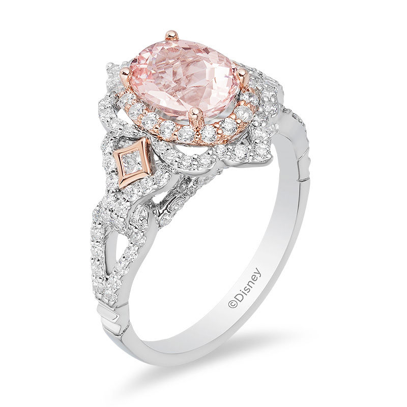 Enchanted Disney Aurora Oval Morganite and 0.69 CT. T.W. Diamond Scallop Frame Engagement Ring in 14K Two-Tone Gold