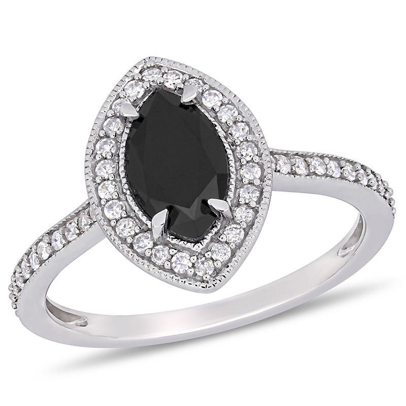1.23 CT. T.W. Marquise Enhanced Black and White Diamond Frame Vintage-Style Engagement Ring in 10K White Gold