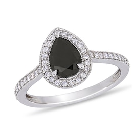 1.22 CT. T.W. Pear-Shaped Black and White Diamond Frame Vintage-Style Engagement Ring in 10K White Gold
