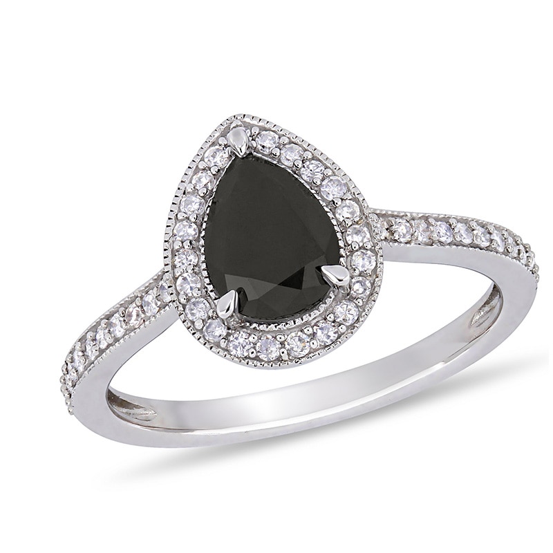 Main Image 1 of 1.22 CT. T.W. Pear-Shaped Black and White Diamond Frame Vintage-Style Engagement Ring in 10K White Gold