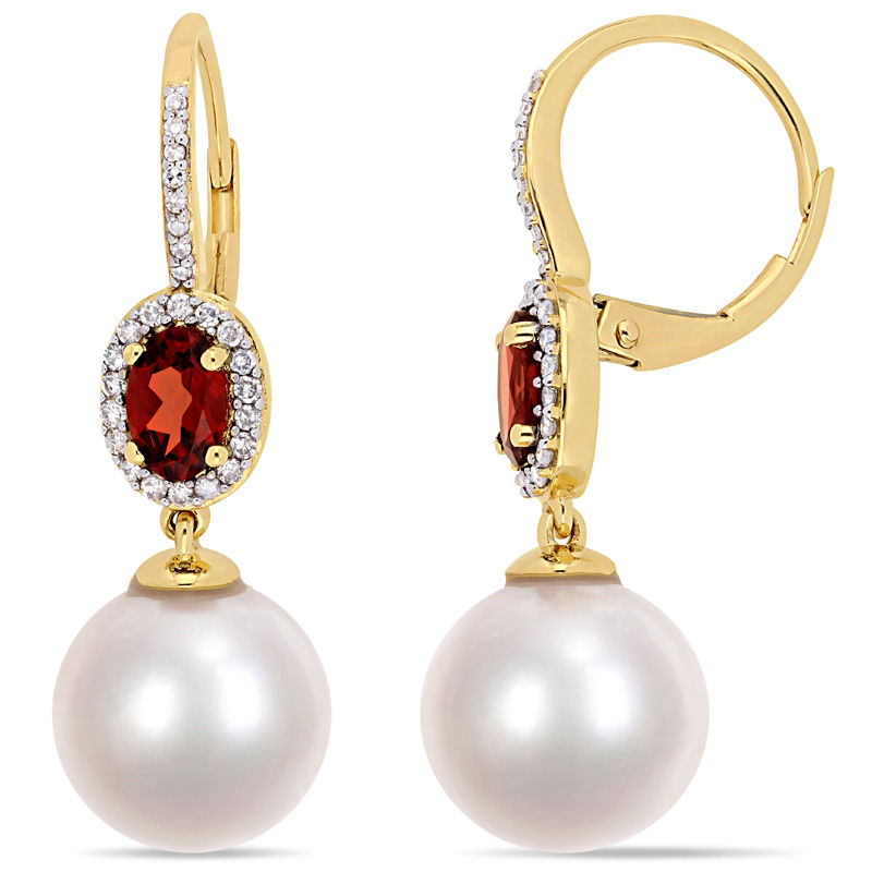 11.0 - 12.0mm Cultured Freshwater Pearl, Oval Garnet and 0.22 CT. T.W. Diamond Frame Drop Earrings in 10K Gold|Peoples Jewellers