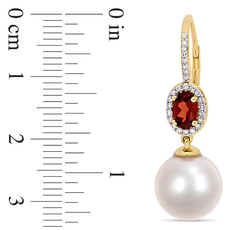 Main Image 3 of 11.0-12.0mm Freshwater Cultured Pearl, Oval Garnet and 0.22 CT. T.W. Diamond Frame Drop Earrings in 10K Gold