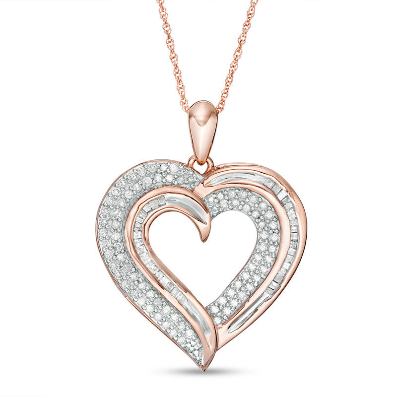 0.45 CT. T.W. Baguette and Round Diamond Heart Pendant in 10K Rose