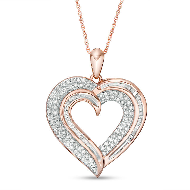 0.45 CT. T.W. Baguette and Round Diamond Heart Pendant in 10K Rose Gold