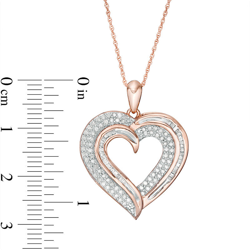0.45 CT. T.W. Baguette and Round Diamond Heart Pendant in 10K Rose Gold