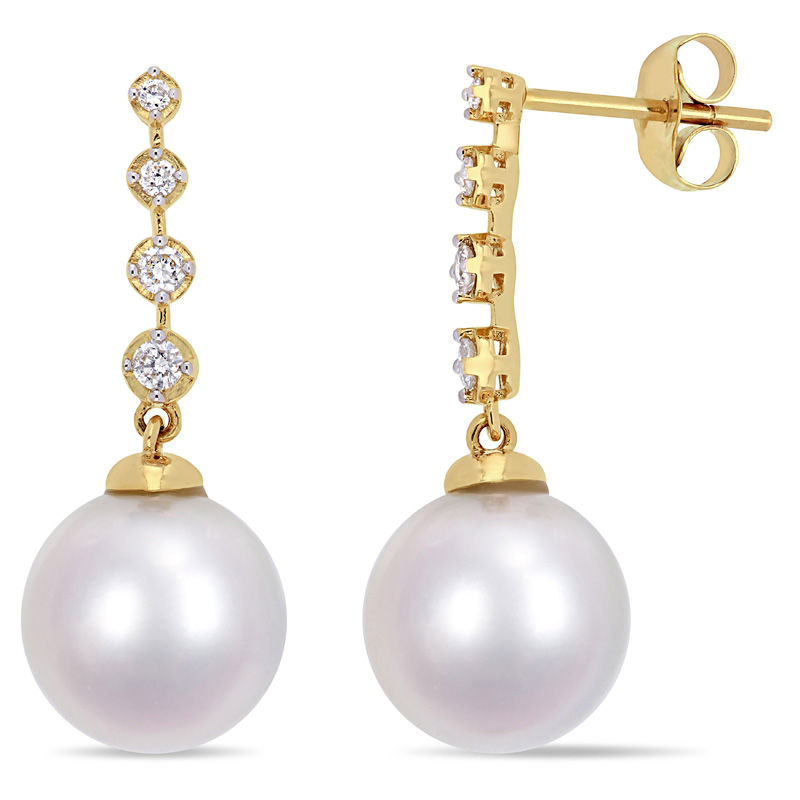 10.0 - 10.5mm Cultured South Sea Pearl and 0.17 CT. T.W. Diamond Drop Earrings in 14K Gold|Peoples Jewellers
