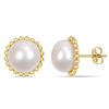 Thumbnail Image 0 of 10.5 - 11.0mm Button Cultured Freshwater Pearl Bead Frame Stud Earrings in 10K Gold
