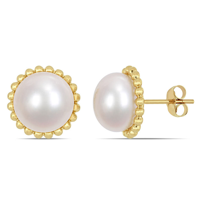 10.5 - 11.0mm Button Cultured Freshwater Pearl Bead Frame Stud Earrings in 10K Gold|Peoples Jewellers