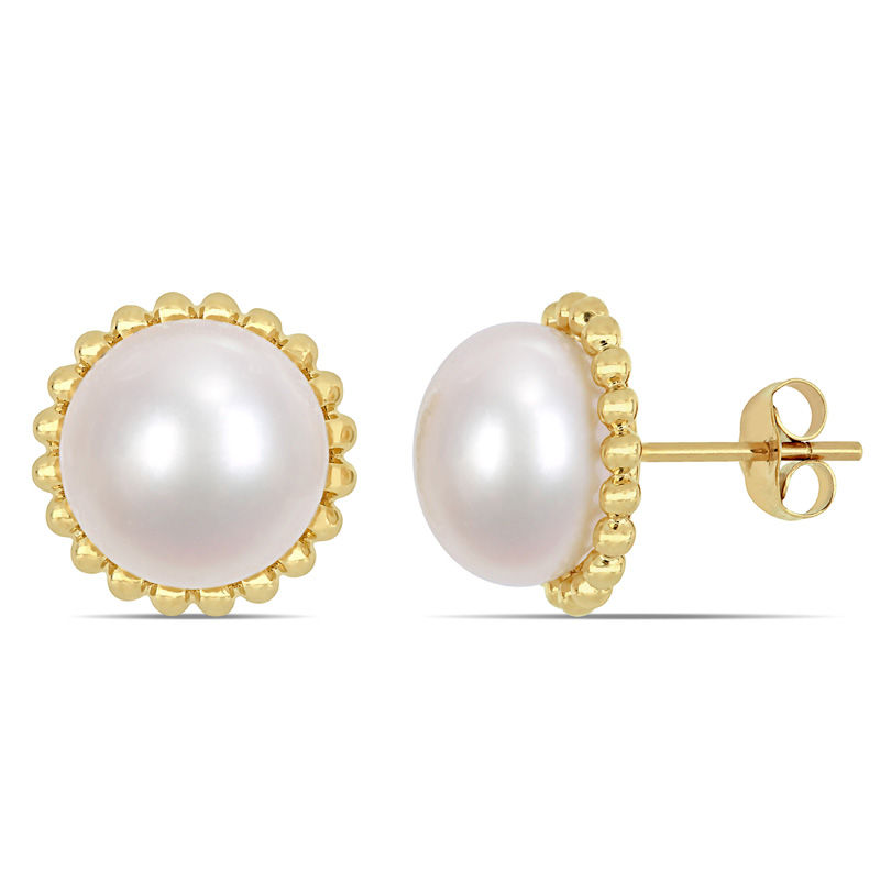 10.5 - 11.0mm Button Cultured Freshwater Pearl Bead Frame Stud Earrings in 10K Gold