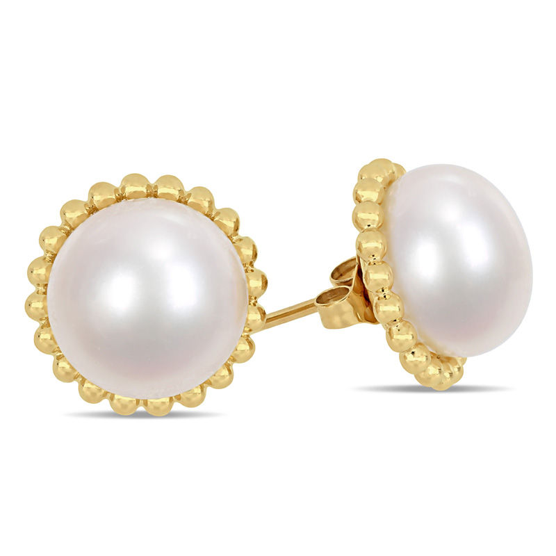 10.5 - 11.0mm Button Cultured Freshwater Pearl Bead Frame Stud Earrings in 10K Gold