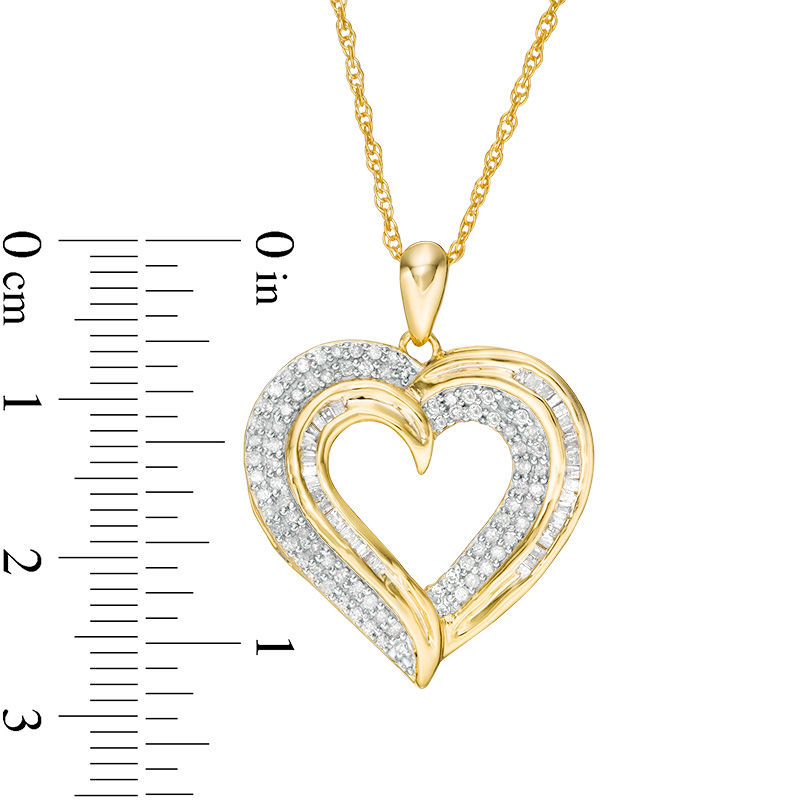 Main Image 3 of 0.45 CT. T.W. Baguette and Round Diamond Heart Pendant in 10K Gold