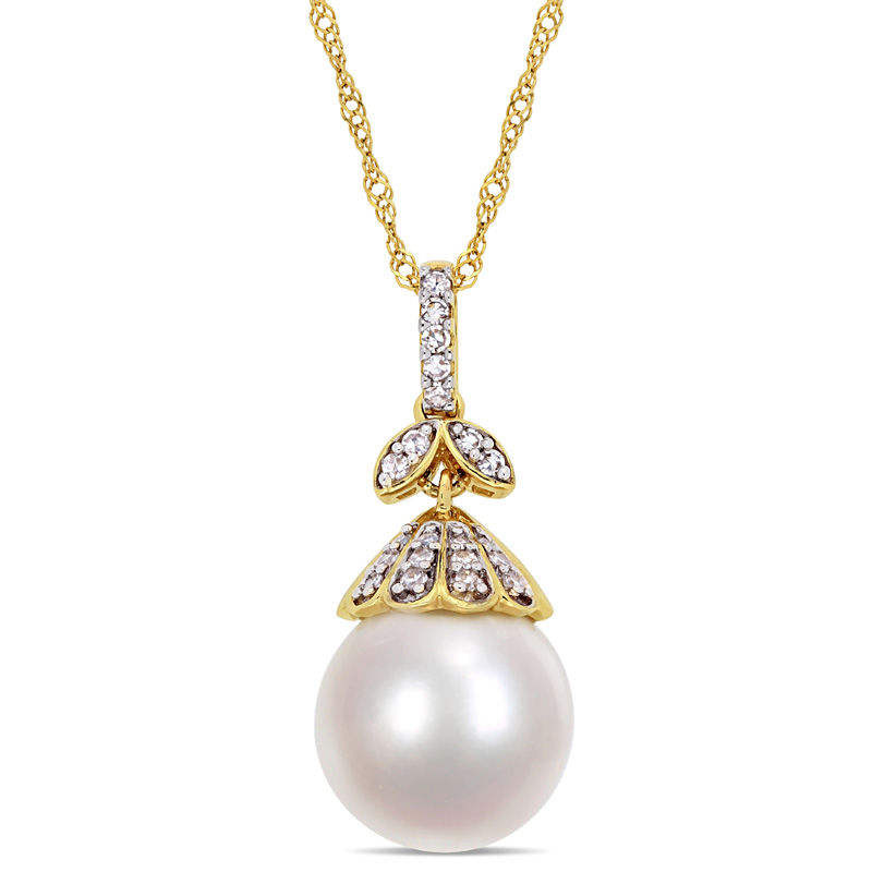 10.0 - 11.0mm Oval Cultured South Sea Pearl and 0.097 CT. T.W. Diamond Flower Top Pendant in 14K Gold - 17"