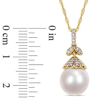 10.0-11.0mm Oval South Sea Cultured Pearl and 0.097 CT. T.W. Diamond Flower Top Pendant in 14K Gold-17"