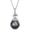Thumbnail Image 1 of 10.0-11.0mm Oval Black Tahitian Cultured Pearl and 0.097 CT. T.W. Diamond Flower Top Pendant in 14K White Gold-17&quot;