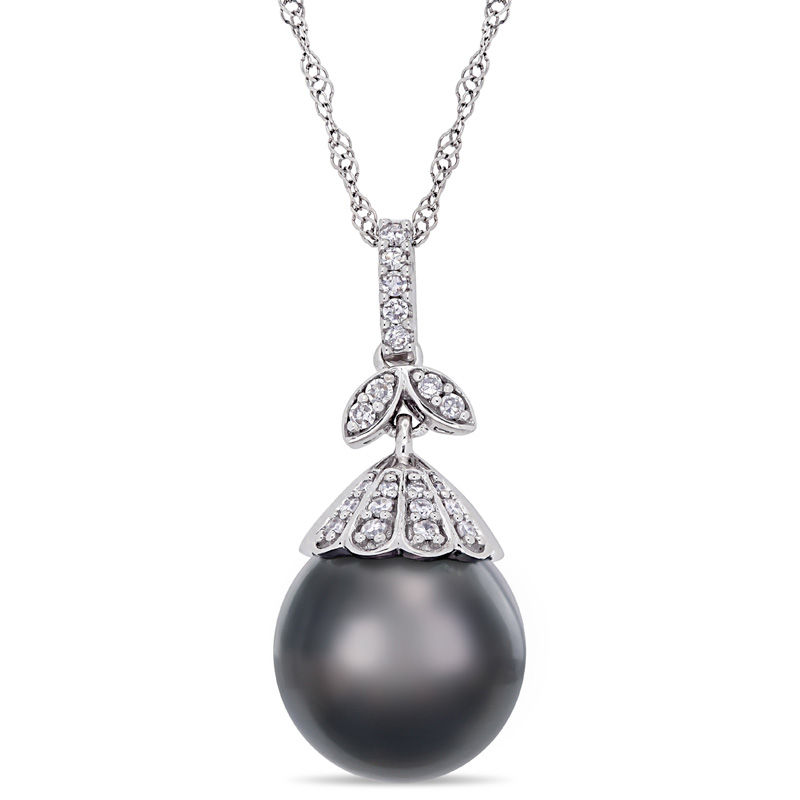 10.0 - 11.0mm Oval Black Cultured Tahitian Pearl and 0.097 CT. T.W. Diamond Flower Top Pendant in 14K White Gold - 17"|Peoples Jewellers