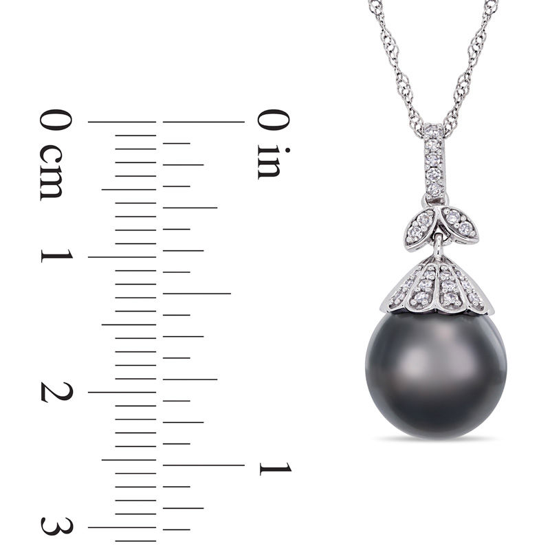 Main Image 3 of 10.0-11.0mm Oval Black Tahitian Cultured Pearl and 0.097 CT. T.W. Diamond Flower Top Pendant in 14K White Gold-17&quot;