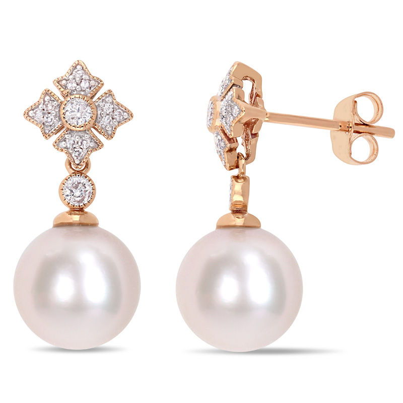 9.5 - 10.0mm Cultured Freshwater Pearl and 0.21 CT. T.W. Diamond Vintage-Style Drop Earrings in 10K Rose Gold