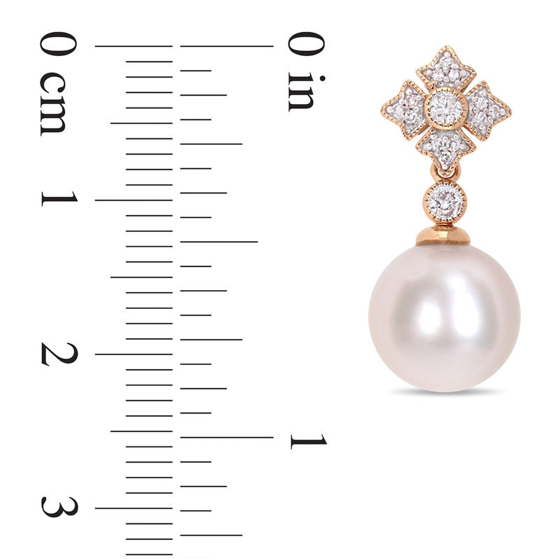 Main Image 3 of 9.5-10.0mm Freshwater Cultured Pearl and 0.21 CT. T.W. Diamond Vintage-Style Drop Earrings in 10K Rose Gold