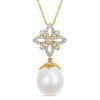 Thumbnail Image 0 of 11.0 - 12.0mm Oval Cultured South Sea Pearl and 0.26 CT. T.W. Diamond Ornate Flower Pendant in 14K Gold - 17"