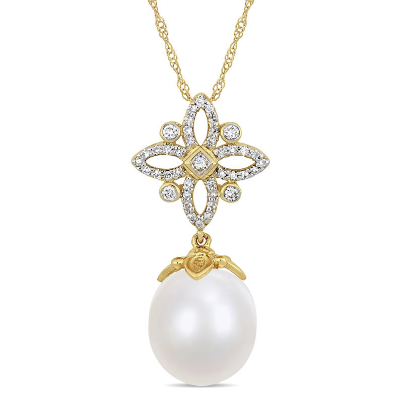 11.0 - 12.0mm Oval Cultured South Sea Pearl and 0.26 CT. T.W. Diamond Ornate Flower Pendant in 14K Gold - 17"