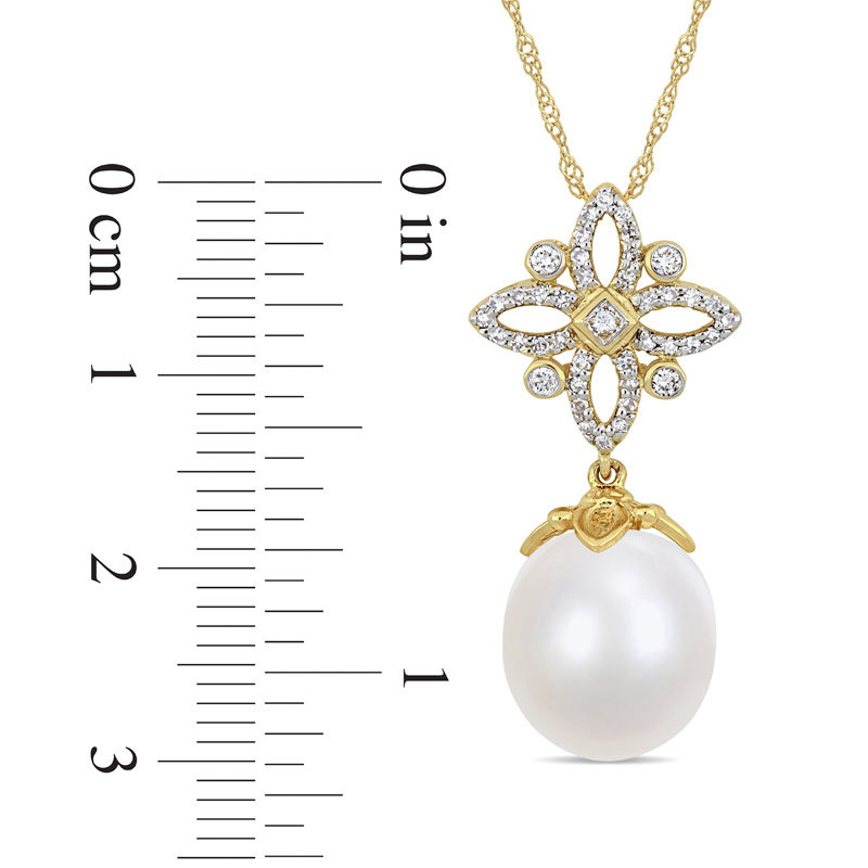 11.0 - 12.0mm Oval Cultured South Sea Pearl and 0.26 CT. T.W. Diamond Ornate Flower Pendant in 14K Gold - 17"