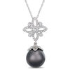 Thumbnail Image 0 of 11.0 - 12.0mm Oval Black Cultured Tahitian Pearl and 0.26 CT. T.W. Diamond Ornate Flower Pendant in 14K White Gold - 17"