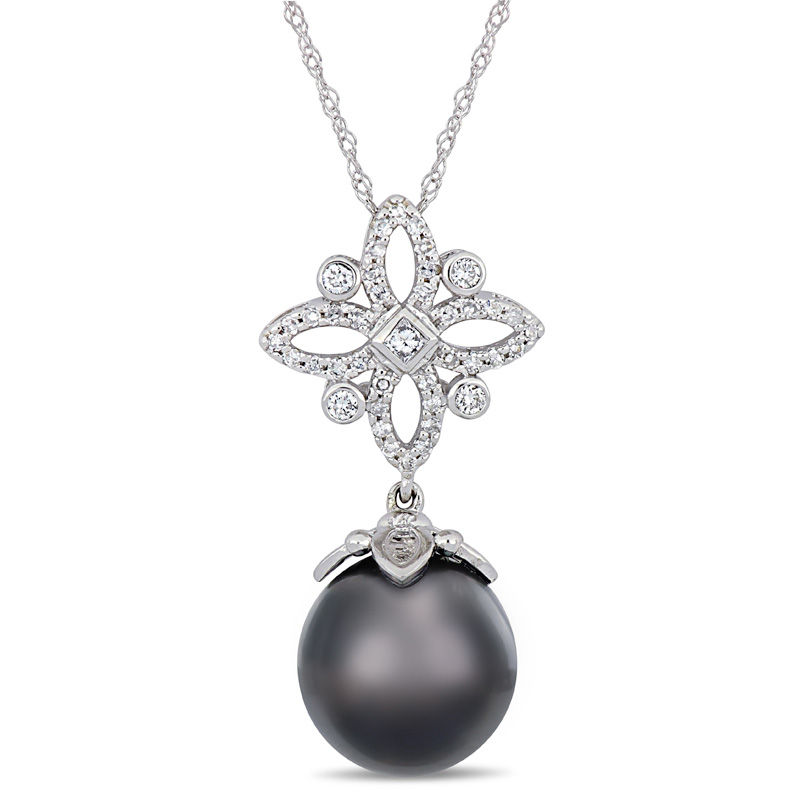 11.0 - 12.0mm Oval Black Cultured Tahitian Pearl and 0.26 CT. T.W. Diamond Ornate Flower Pendant in 14K White Gold - 17"