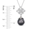 Thumbnail Image 2 of 11.0 - 12.0mm Oval Black Cultured Tahitian Pearl and 0.26 CT. T.W. Diamond Ornate Flower Pendant in 14K White Gold - 17"