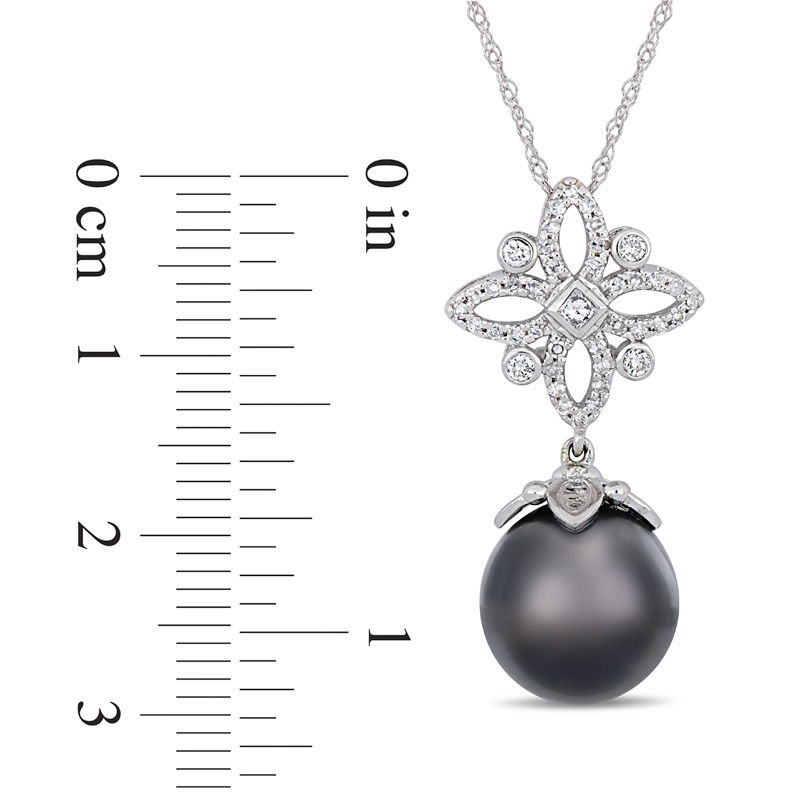 11.0 - 12.0mm Oval Black Cultured Tahitian Pearl and 0.26 CT. T.W. Diamond Ornate Flower Pendant in 14K White Gold - 17"