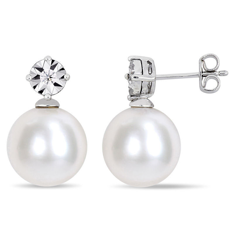 11.0 - 12.0mm Cultured Freshwater Pearl and Diamond Accent Drop Earrings in Sterling Silver|Peoples Jewellers