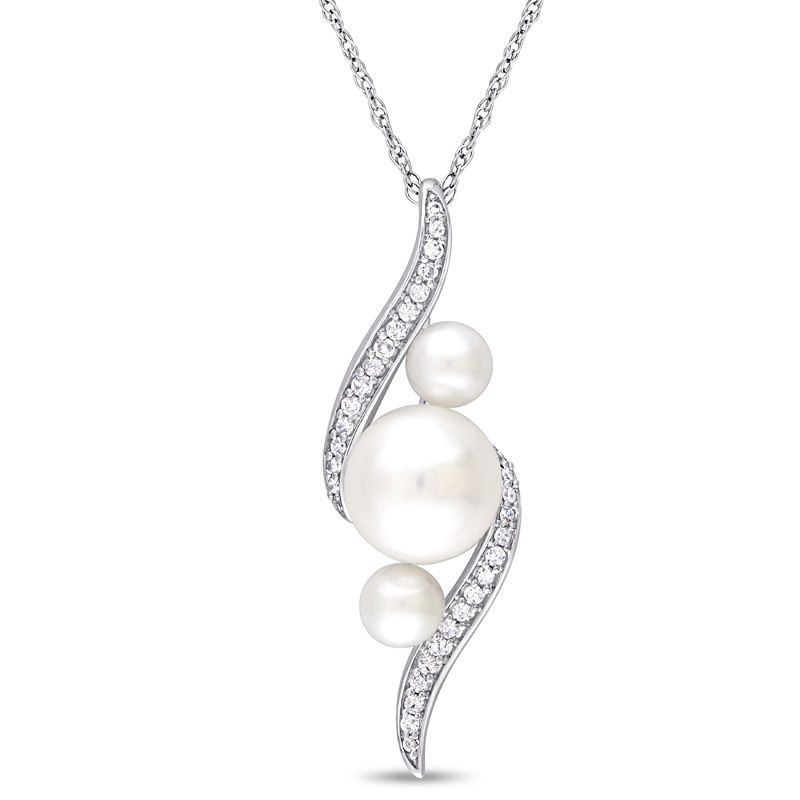 Cultured Freshwater Pearl and 0.13 CT. T.W. Diamond Linear Three Stone Bypass Pendant in 10K White Gold - 17"