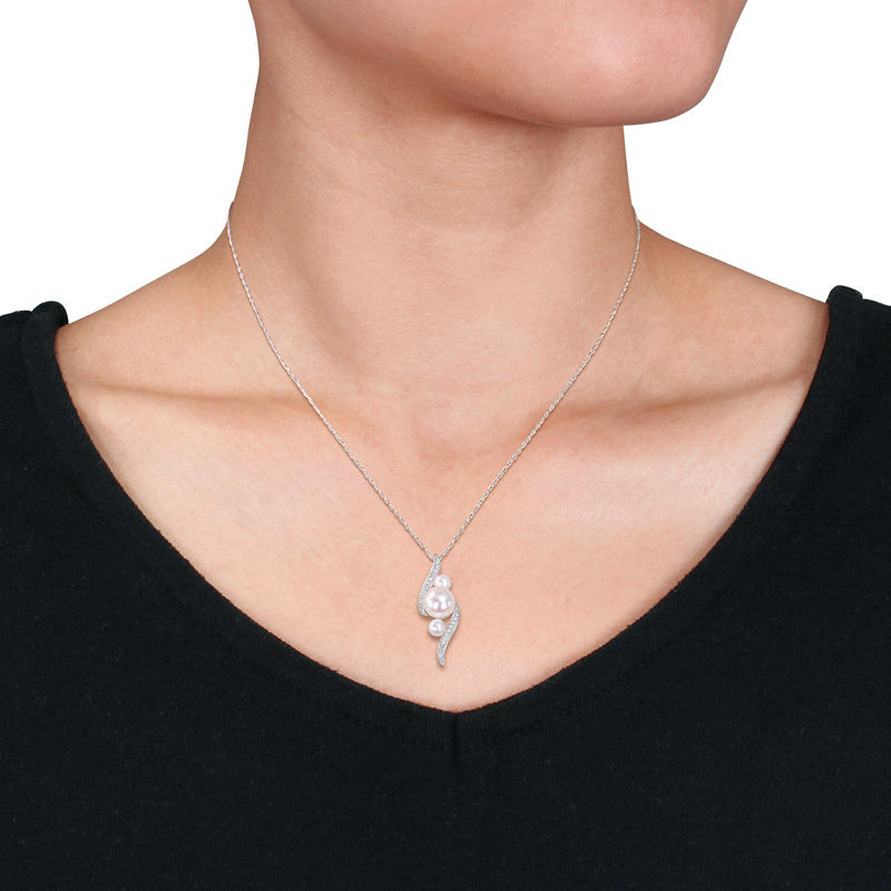 Cultured Freshwater Pearl and 0.13 CT. T.W. Diamond Linear Three Stone Bypass Pendant in 10K White Gold - 17"