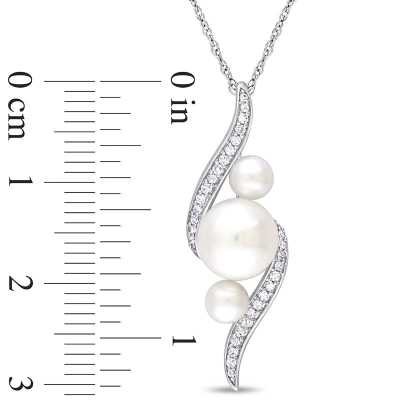 Cultured Freshwater Pearl and 0.13 CT. T.W. Diamond Linear Three Stone Bypass Pendant in 10K White Gold - 17"