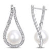 Thumbnail Image 1 of 9.0-9.5mm Freshwater Cultured Pearl and 0.30 CT. T.W. Diamond Flame Drop Earrings in 14K White Gold