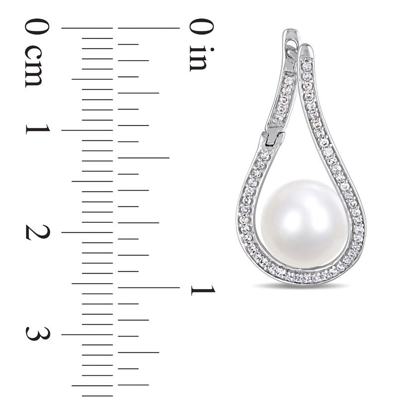 9.0 - 9.5mm Cultured Freshwater Pearl and 0.30 CT. T.W. Diamond Flame Drop Earrings in 14K White Gold