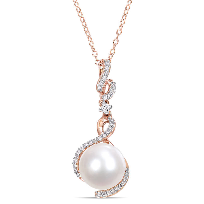 Cultured Freshwater Pearl, White Sapphire and 0.15 CT. T.W. Diamond Drop Pendant in Sterling Silver with Rose Rhodium|Peoples Jewellers