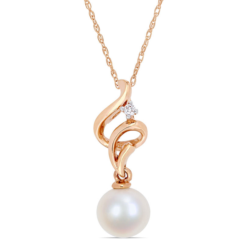 7.0 - 7.5mm Cultured Freshwater Pearl and Diamond Accent Ribbon Pendant in 10K Rose Gold - 17"