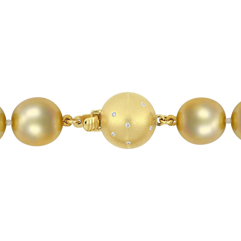 10.0 - 12.5mm Golden Cream Cultured South Sea Pearl Strand Necklace and 0.06 CT. T.W. Diamond Ball Clasp in 14K Gold