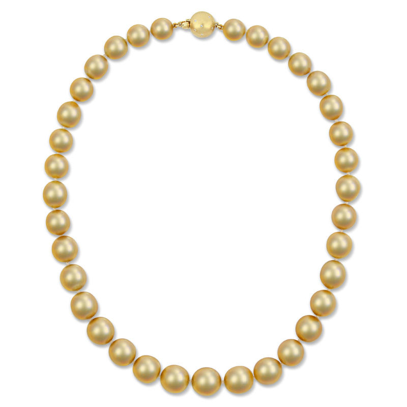 10.0 - 12.5mm Golden Cream Cultured South Sea Pearl Strand Necklace and 0.06 CT. T.W. Diamond Ball Clasp in 14K Gold
