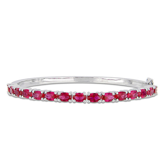 Sideways Oval Lab-Created Ruby Line Bangle in Sterling Silver