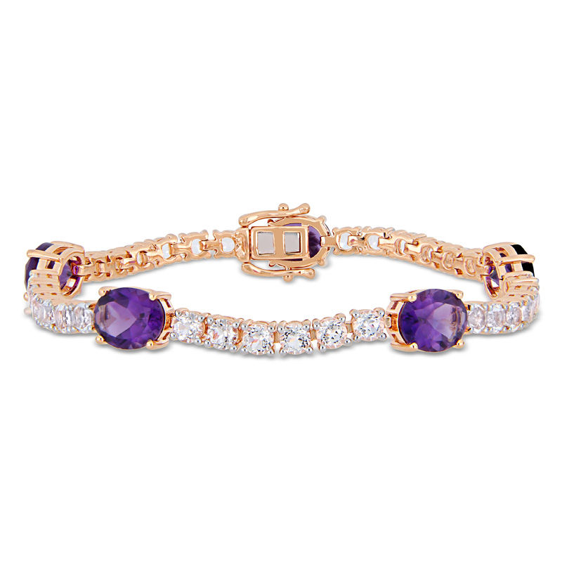 Oval Amethyst and White Topaz Line Bracelet in Sterling Silver with Rose Rhodium - 7.25"